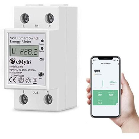 Contador de energía digital monofásico - 60 A - 90-250 V CA - WiFi - Carril DIN - Electrónico (1/5)