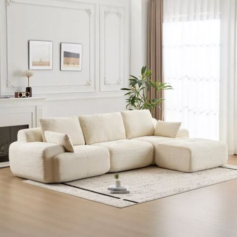 Sofá moderno con espuma viscoelástica comprimida, tapizado en pana apto para mascotas, sofá esquinero para salón, sofá cama, color blanco crema.