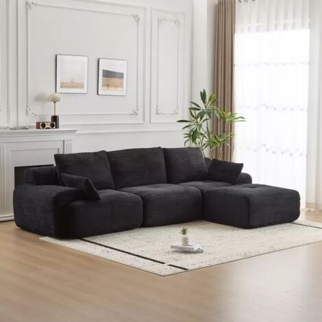 Sofá moderno con espuma viscoelástica comprimida, tapizado en pana apto para mascotas, sofá esquinero para salón, sofá plegable, negro.