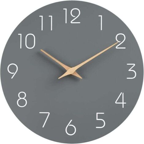 Reloj de pared silencioso, sin tictac, decorativo para cocina, dormitorio, baño, oficina, salón, funciona con pilas, 25,4 cm, madera, moderno y sencillo (gris)