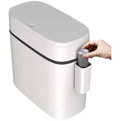Papelera de plástico ultrafina con tapa, rectangular, con pulsador, para baño, dormitorio, cocina y oficina, color blanco (12 litros)