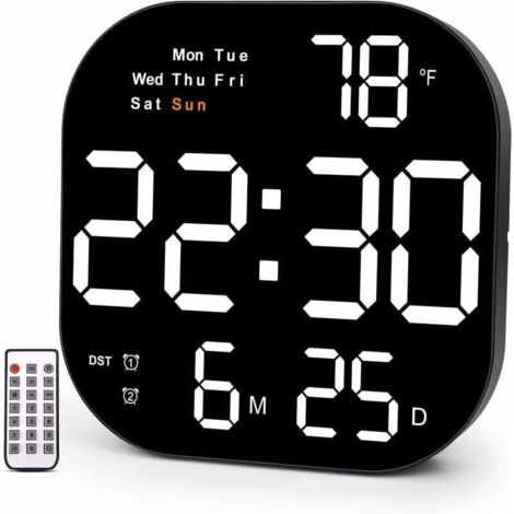 Reloj de pared grande, reloj de pared digital de 10,55" con pantalla LED, día de la semana, fecha, horario de verano, temporizador, temperatura, formato 12/24 horas, reloj para sala de estar, oficina 