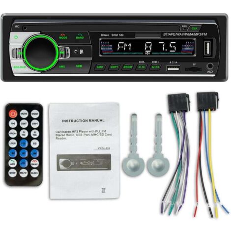 Radio para coche con reproductor MP3, compatible con iOS y Android, receptor DIN, mando a distancia, radio WMA/FM, dos puertos USB y sistema estéreo Bluetooth de 4 x 60 W.