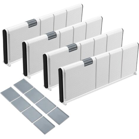 Juego de 4 divisores de cajones de plástico, organizadores ajustables de 28,4 a 44,3 cm, divisores de cajones de plástico para ropa, cocina, dormitorio, tocador y cajones para bebés. (1/5)