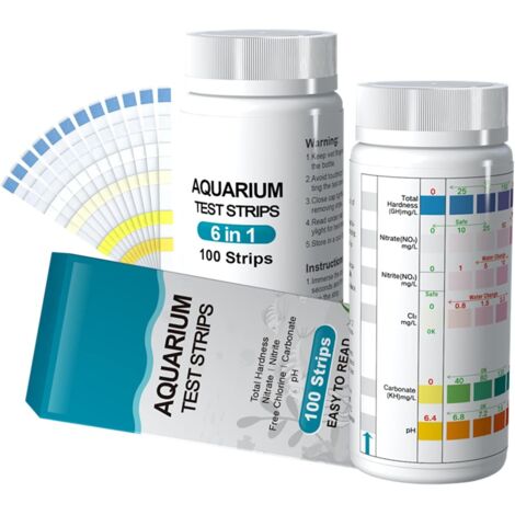 Tiras reactivas para acuarios, kit 6 en 1 para analizar el agua del acuario, 100 tiras para medir pH, nitritos, nitratos, cloratos, carbonatos y dureza (6 en 1) (1/5)