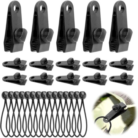 Clips para lona de 15 piezas y tensores elásticos de 15 piezas, tensores de lona de 15 cm, fijación de lona multifuncional para carpas, cubiertas, toldos, pancartas y cubiertas de piscinas