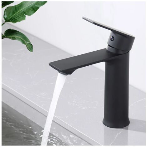 Grifo de lavabo de baño negro, mezclador de un solo orificio, mezclador de agua caliente y fría para baño, acero inoxidable (1/5)