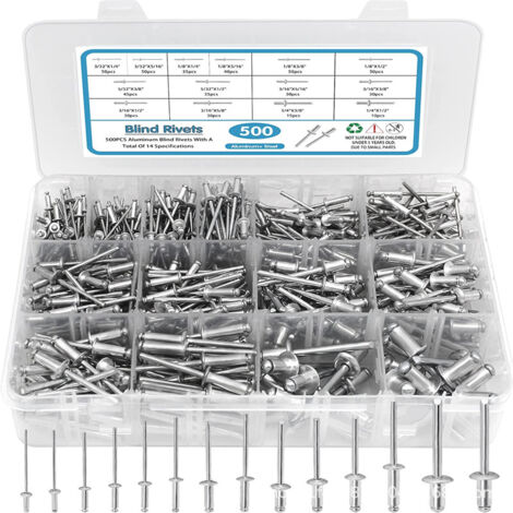 Surtido de 500 remaches ciegos, 14 tamaños de remaches ciegos de aluminio (3/32", 1/8", 5/32", 3/16", 1/4"), juego de remaches ciegos para metal con separador reforzado y estuche etiquetado. (1/5)