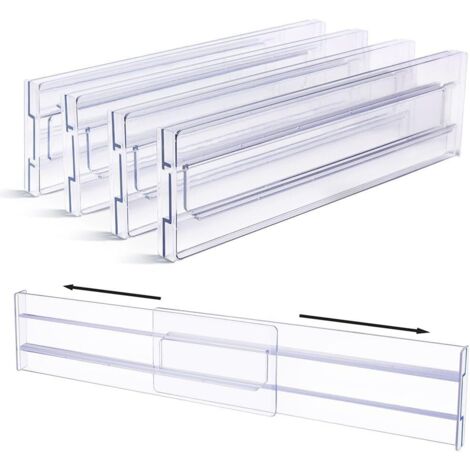 Divisores de cajones de plástico, organizadores de cajones transparentes ajustables para almacenamiento en la cocina y el dormitorio, paquete de 4 (1/5)