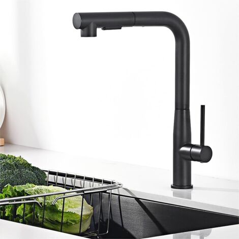 Grifo de cocina negro, grifo extensible, mezclador de fregadero de alta presión con rociador extraíble de doble chorro, grifo giratorio de 360°, grifo mezclador de cocina negro. (1/5)