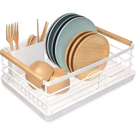 Escurreplatos, escurreplatos de encimera de cocina, escurreplatos de acero inoxidable con soporte para cubiertos extraíble y tabla de escurrir, blanco (1/5)