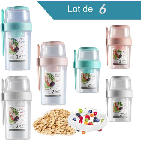Yogurtera 2 en 1, 6 tazas de yogur (870 ml - 1070 ml) con cuchara, taza de cereal de doble capa, taza de avena, adecuada para viajes, trabajo, escuela (rosa + blanco + cian) (1/5)