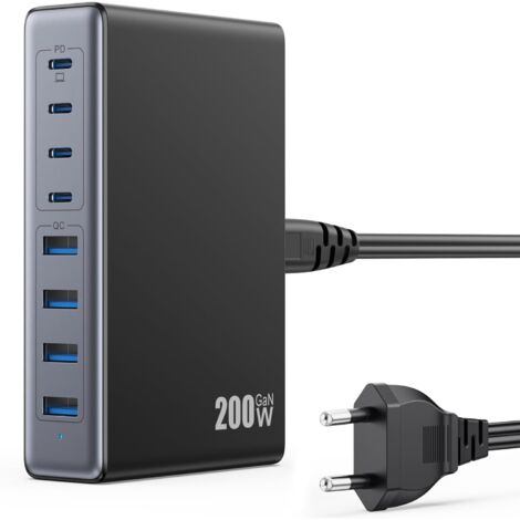Cargador USB-C multipuerto de 200 W, conector USB-C GaN III de 8 puertos, cargador rápido QC4.0 + PD, cargador USB-C para portátil de 65 W, adaptador de corriente para MacBook Pro/Air, iPhone, Samsung (1/5)