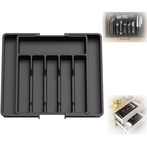 Cubertería, bandeja extensible para cubiertos, organizador de cajón ajustable para cocina, almacenamiento compacto de plástico para cucharas y tenedores, color negro (1/5)