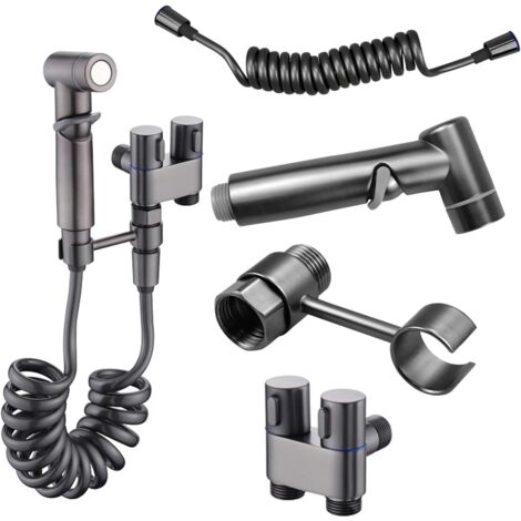Kit de bidé para inodoro con válvula de 3 vías, núcleo de latón y válvula de cierre pistola rociadora gris apto para baños e inodoros.