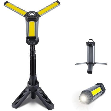 Lámpara de trabajo recargable con soporte, lámpara de trabajo inalámbrica con tres bombillas LED COB, luz mecánica con batería de 6000 mAh, 00/1100/2000 lúmenes, luz de trabajo para