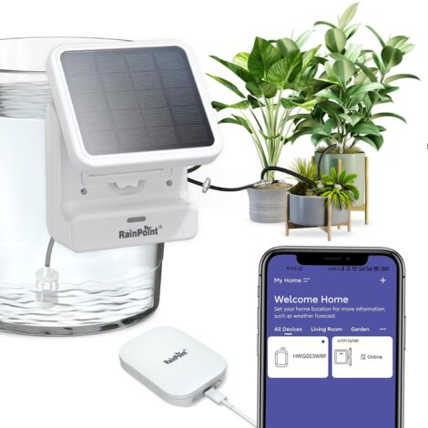 Temporizador de riego interior RAINPOINT controlado por aplicación Wi-Fi, bomba alimentada por panel solar, retardo por lluvia, programación inteligente para plantas de interior mientras estás fuera. (1/5)