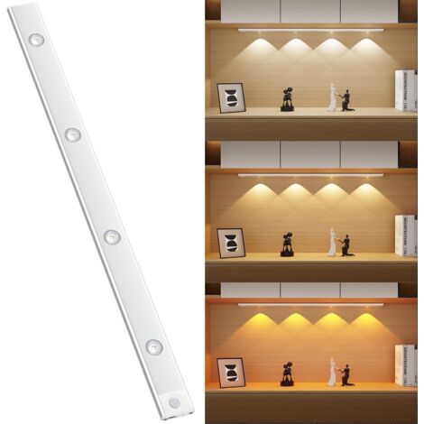 Luz LED recargable de 60 cm con sensor de movimiento, iluminación interior inalámbrica, iluminación LED bajo armarios de cocina, 3 colores y brillo ajustable para muebles, armarios, alacenas y escaler