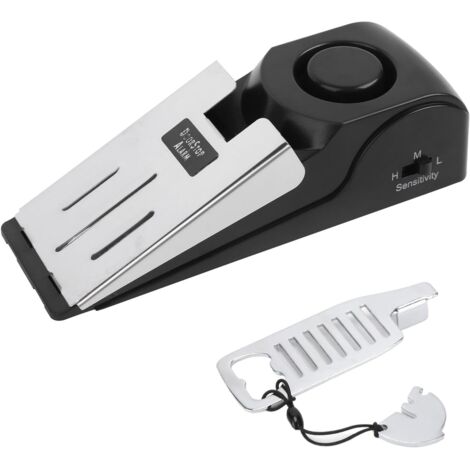 Sistema de alarma portátil con cerradura y tope de puerta, equipado con una potente sirena de 120dB, 3 niveles de sensibilidad al suelo, tope de puerta y protección de seguridad adicional.
