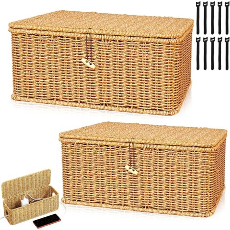 Juego de 2 cajas organizadoras de cables de ratán – Fabricadas en polipropileno – Hechas a mano – Con 10 bridas para ocultar y organizar eficazmente los cables y las regletas de enchufes en la oficina