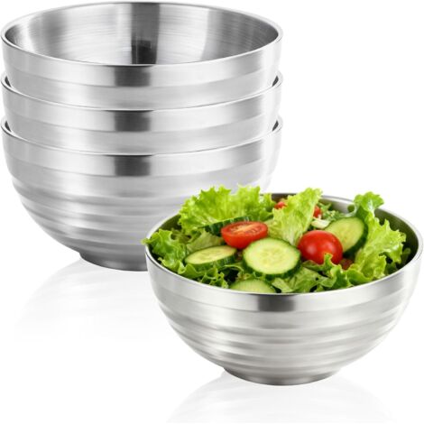 Juego de 4 cuencos de acero inoxidable de 14 cm – Batería de cocina de acero inoxidable – Cuenco para pasta con doble pared y aislamiento – Cuenco para ramen y bol para mezclar integrado – Apto para a