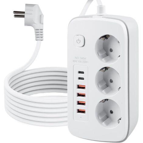 Regleta extensible de 3 enchufes con 4 puertos USB, regleta de escritorio con 2 puertos USB-C, regleta empotrada con interruptor, para uso en escritorio, cable de 2 m, color blanco (1/5)
