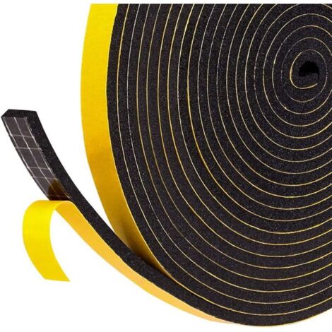 Junta de espuma autoadhesiva para aislamiento de ventanas y puertas, 1 rollo de 12 mm x 3 mm x 4 m, junta multifuncional, protección de muebles – espuma negra, película amarilla (1/3)