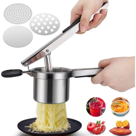 Machacador de patatas, machacador de patatas manual con 3 discos intercambiables, machacador de patatas manual profesional de acero inoxidable, ideal para frutas, verduras y papillas. (1/5)
