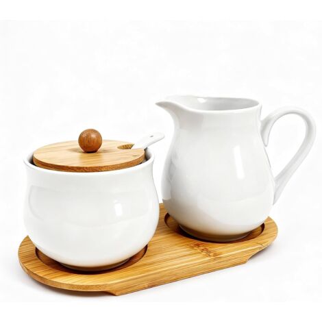 Juego de jarras para leche y azúcar con tapa y cucharas de cerámica blanca, y azucarero con bandeja de madera, para cocina y comedor, apto para lavavajillas y microondas. (1/5)