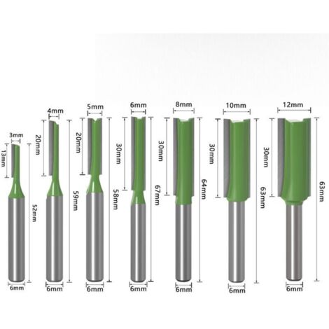 Juego de 7 brocas profesionales para fresar madera (3–12 mm) – Vástago de doble flauta de 6 mm – Para fresadoras y carpintería (1/4)