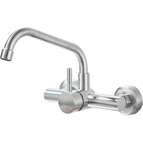 Grifo de cocina de pared, mezclador de pared giratorio 360°, distancia entre orificios de 150 mm para agua fría y caliente, grifo de acero inoxidable 304, aireador extraíble, superficie cepillada. (1/5)