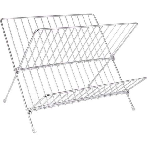 Escurreplatos de dos niveles, gran capacidad, diseño minimalista, fabricado en acero inoxidable, plegable y en forma de X. (1/4)