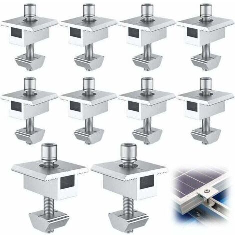 10 piezas de soportes de montaje de aluminio para módulos solares, abrazaderas intermedias en forma de T, montaje de módulo solar fotovoltaico, soporte de montaje de techo central, para módulos enmarc