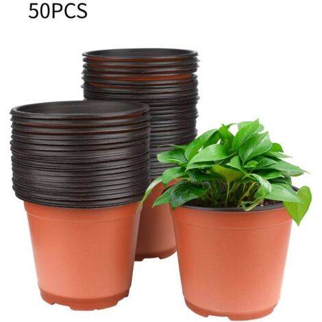 Paquete de 50 macetas de plástico de 15 cm para plántulas, macetas para flores de exterior, macetas para tomates en maceta, color marrón