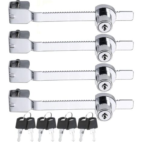 Paquete de 4 cerraduras deslizantes con llave para vitrinas de cristal, cerraduras de trinquete, cerraduras para puertas de vitrinas de cristal con llaves similares, color plata.