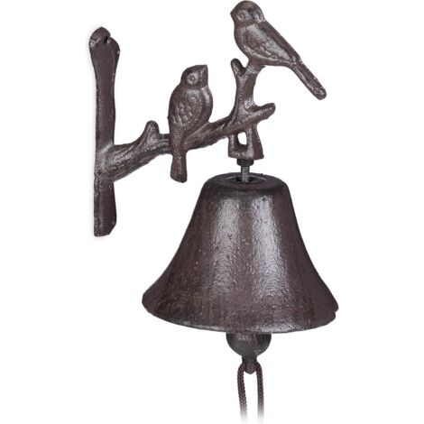 Timbre de hierro fundido con motivo de pájaro, timbre de pared antiguo, resistente al calor, decoración de jardín, cuerda de timbre marrón, marrón