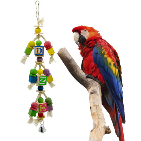 Juguete de madera colorido para pájaros con letras, cubos y campana, accesorio interactivo para loros y aves domésticas. (1/4)