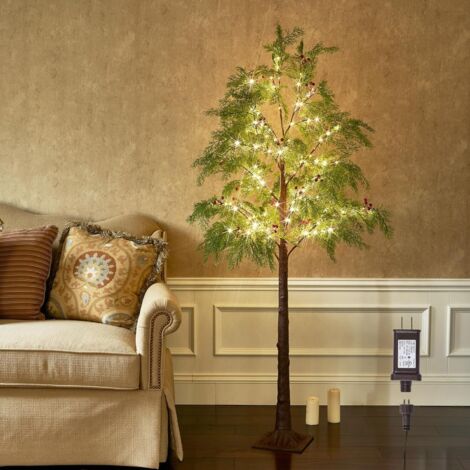 Árbol de Navidad iluminado con bayas rojas, ciprés de 60 cm, 90 luces LED, cedro artificial con luces para el hogar, Navidad, fiestas, bodas, uso interior y exterior. (1/5)