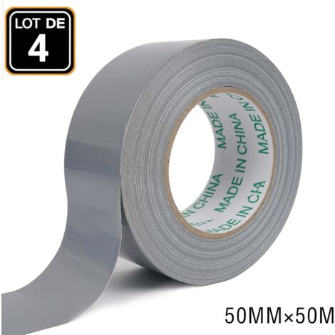 Paquete de 4 rollos de cinta adhesiva reforzada plateada – 50 mm x 50 m – Adhesivo fuerte – Cinta para alfombras impermeable y resistente al viento. Color: gris plateado. (1/5)
