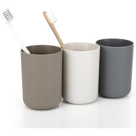 Juego de 3 vasos para baño, portacepillos de dientes, vasos sencillos de 300 ml para uso doméstico para niños y adultos (blanco, gris, marrón) (1/5)