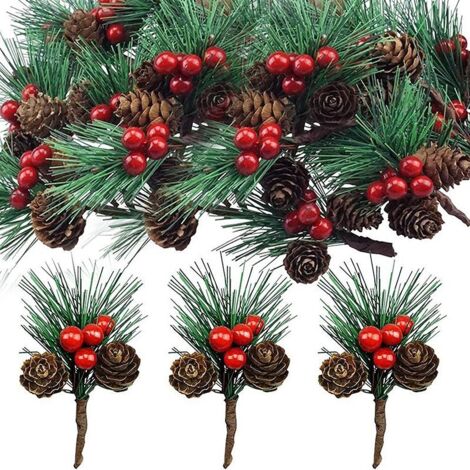 Juego de 20 pequeñas ramas artificiales de abeto con bayas y piñas, adornos navideños de bayas ideales para decoraciones navideñas, decoraciones de Adviento y decoración de mesas. (1/4)