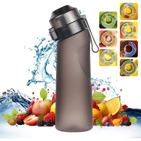 Botella de agua Air Bottle Up de 650 ml con 7 cápsulas de sabor, botella de agua con sabor sin pajita - 0 azúcar, 0 lágrimas y vaso de agua (Negro mate + 7 cápsulas de sabor)