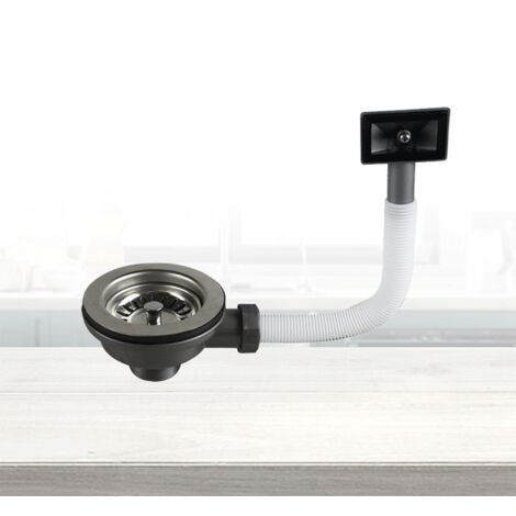 Kit de desagüe para fregadero de cocina con rebosadero, acero inoxidable de 114 mm con rebosadero cuadrado, accesorio de desagüe para cesta de fregadero y cabezal de rebosadero con tuberías de PVC.