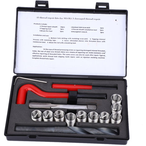 Kit de accesorios para reparación de roscas internas M14x1.5 de 15 piezas