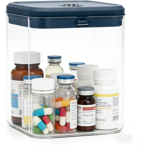 Caja de almacenamiento de medicamentos con cerradura, 14,1 x 14,1 x 16 cm, pequeña caja transparente con cerradura de combinación para medicamentos, cocina, hogar, escuela, oficina (1/5)