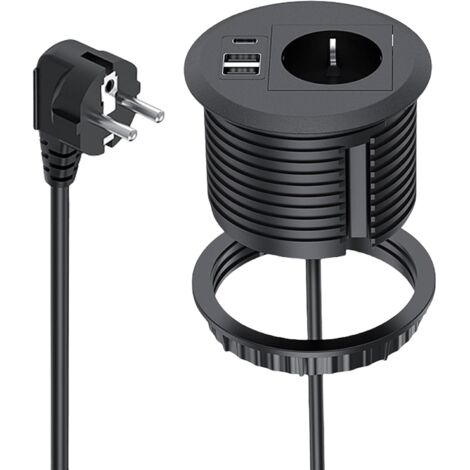 Enchufe empotrado con USB, enchufe de mesa con USB C PD20W, regleta empotrada, con 2 puertos USB y cable de alimentación de 1,7 m, enchufe de escritorio para orificio de mesa de 80 mm, negro