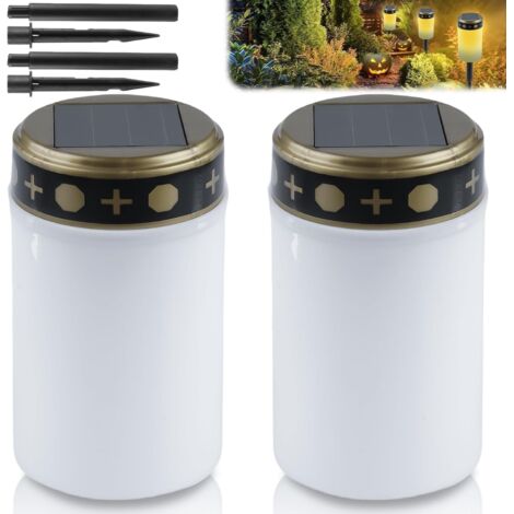 Juego de 2 velas solares LED para funerales - Con estaca para suelo - Resistentes al agua - IP55 - Luz para funerales - Luz solar - Para uso exterior - 7 x 12 cm (1/5)
