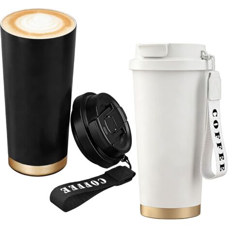 Juego de 2 tazas térmicas de viaje para café, 530 ml, fabricadas en acero inoxidable 316, a prueba de fugas, con tapa y pajita, para agua, café, té, blancas y negras. (1/5)