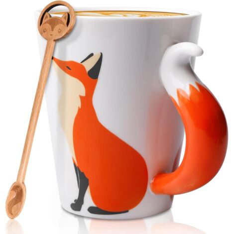 Taza de cerámica de 360 ml - Diseño de zorro - 3D - Con cuchara - Taza adorable - Regalo para cumpleaños, regreso a clases, Navidad, aniversario de boda (1/5)
