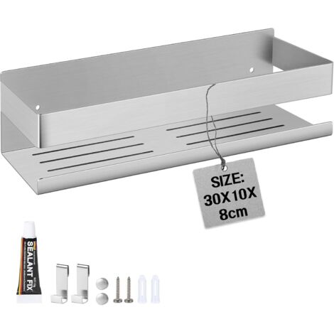 Estante de ducha de pared de 30 cm, estante de baño con 2 ganchos, organizador de ducha sin taladro, cesta de almacenamiento para baño, soporte de acero inoxidable, jabonera para champú y gel, color p